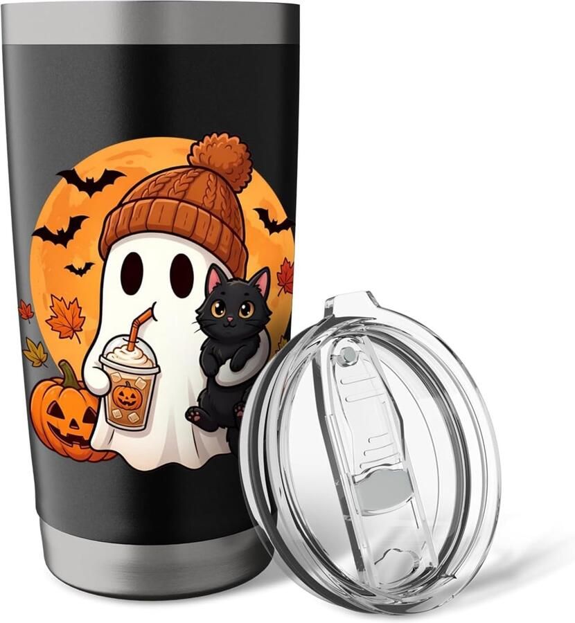 Geest drinkt iced coffee met katten Halloween pompoen geïsoleerde beker