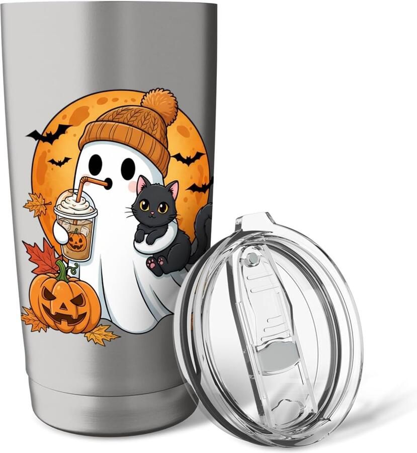 Geest drinkt ijskoffie met kat Halloween pompoen geïsoleerde beker