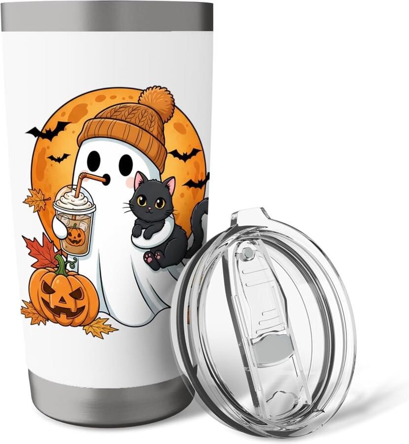 Geest drinkt ijskoffie met kat Halloween pompoen geïsoleerde beker
