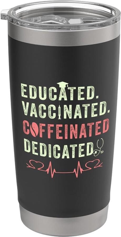 Gevaccineerde cafeïne- en motivatie-liefhebbende verpleegkundige dubbele wand roestvrijstalen thermosbeker