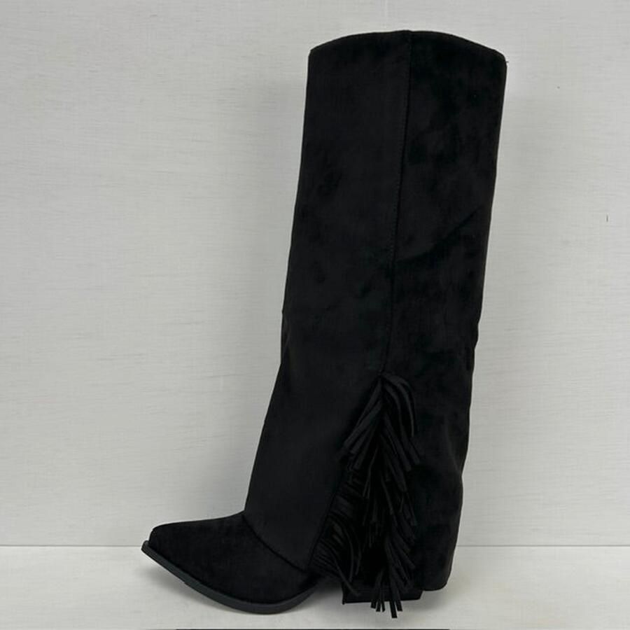 Geweldige suèdine cowboylaarzen met flap en franjes zwart