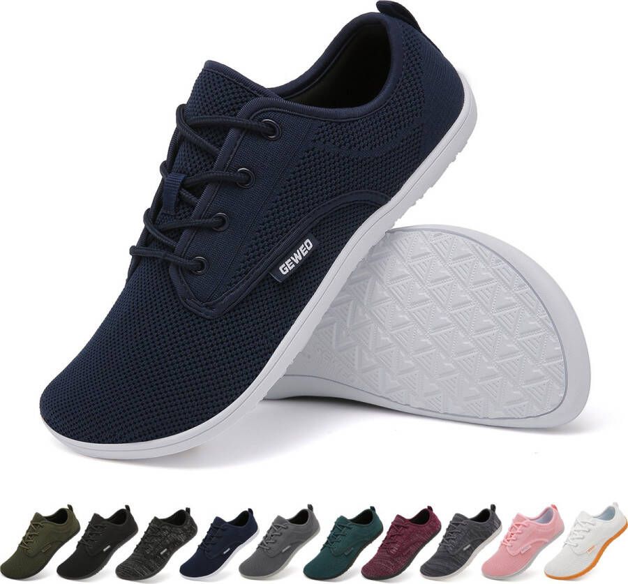 Geweo Barefoot Schoenen Fitnessschoenen Turnschoenen Heren Knit Textiel Flexible Platte Zool Ruime Teenruimte Blauw