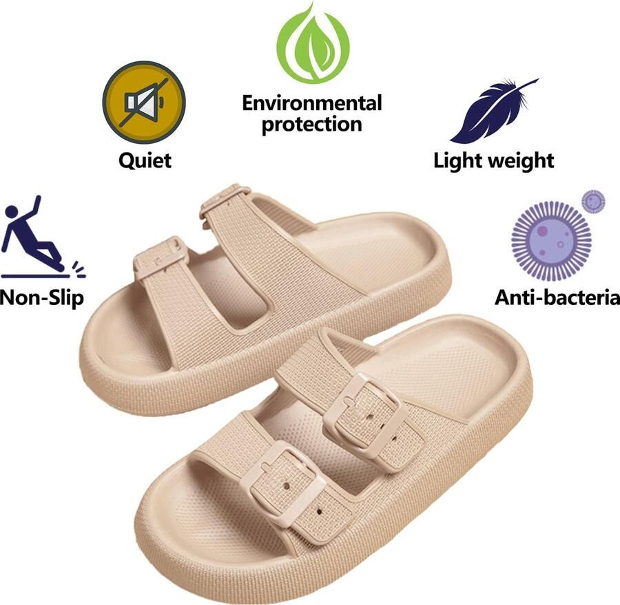 Geweo Slippers Badslippers Strand Sandalen Dubbele Gesp Pillow Slides Slippers Kerstmis Kerstfeest Christmas Gift Unisex Dikke Zool Antislip Lichtgewicht Khaki - Foto 2