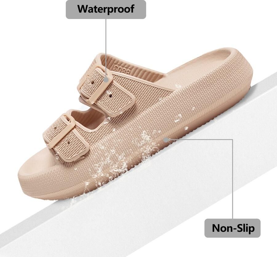 Geweo Slippers Badslippers Strand Sandalen Dubbele Gesp Pillow Slides Slippers Kerstmis Kerstfeest Christmas Gift Unisex Dikke Zool Antislip Lichtgewicht Khaki - Foto 3
