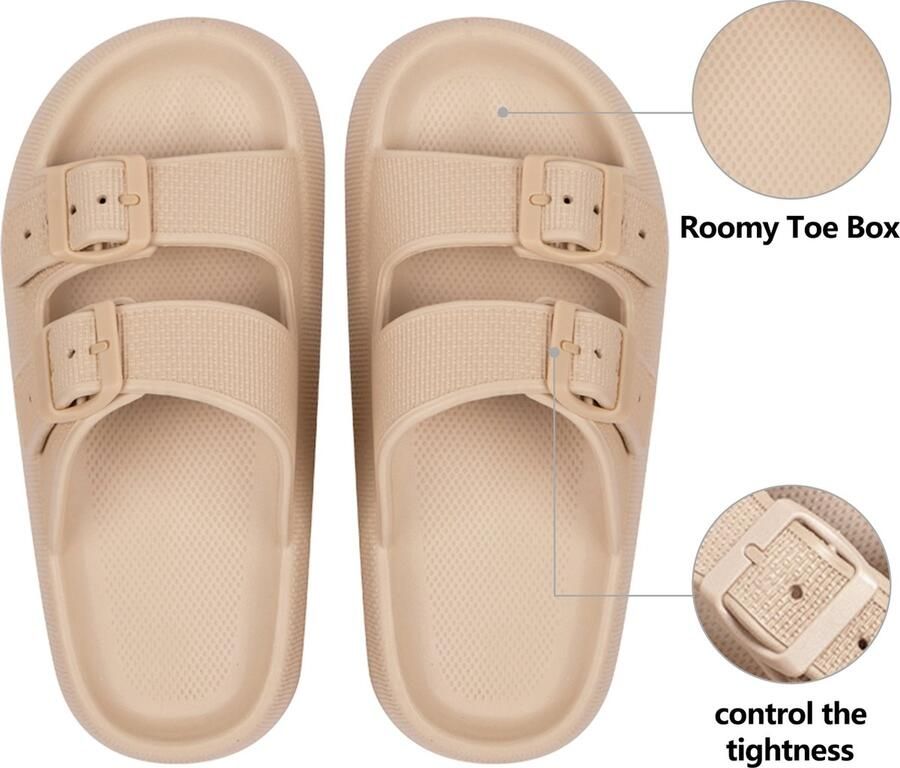Geweo Slippers Badslippers Strand Sandalen Dubbele Gesp Pillow Slides Slippers Kerstmis Kerstfeest Christmas Gift Unisex Dikke Zool Antislip Lichtgewicht Khaki - Foto 5