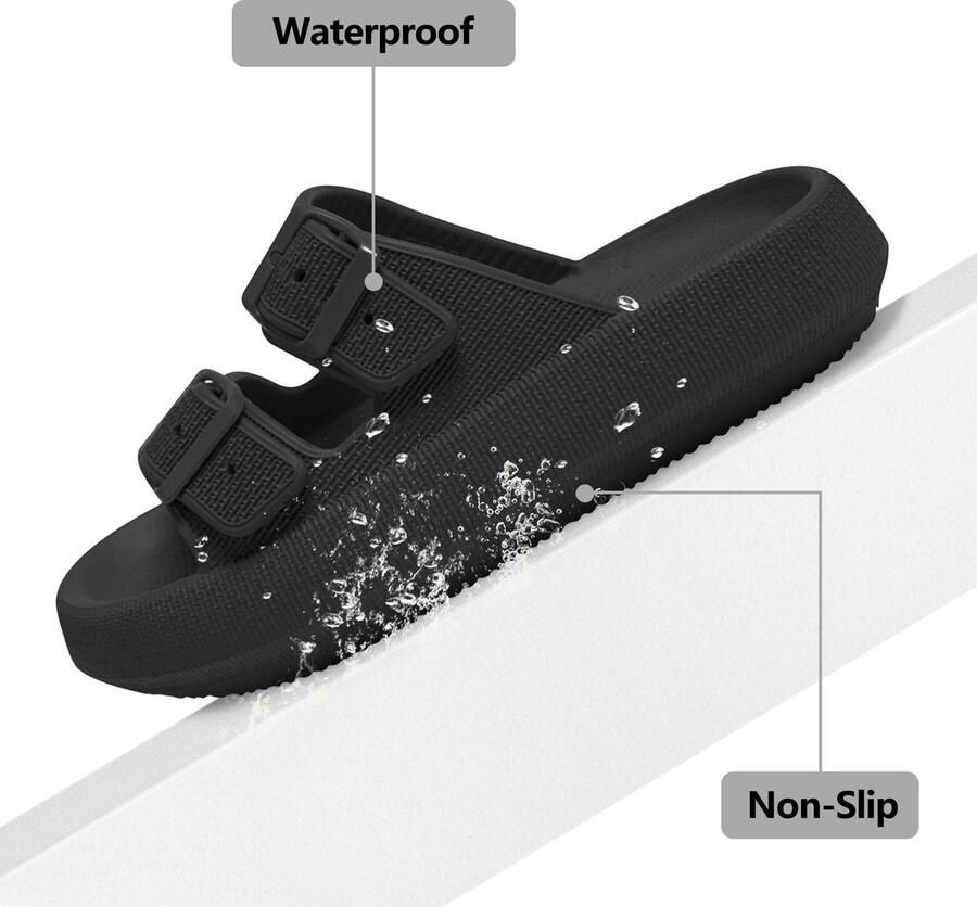 Geweo Slippers Badslippers Strand Sandalen Dubbele Gesp Pillow Slides Slippers Kerstmis Kerstfeest Christmas Gift Unisex Dikke Zool Antislip Lichtgewicht Zwart - Foto 4