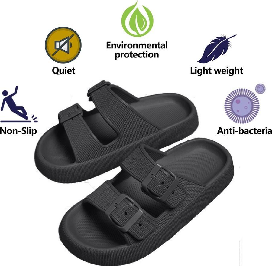 Geweo Slippers Badslippers Strand Sandalen Dubbele Gesp Pillow Slides Slippers Kerstmis Kerstfeest Christmas Gift Unisex Dikke Zool Antislip Lichtgewicht Zwart - Foto 2