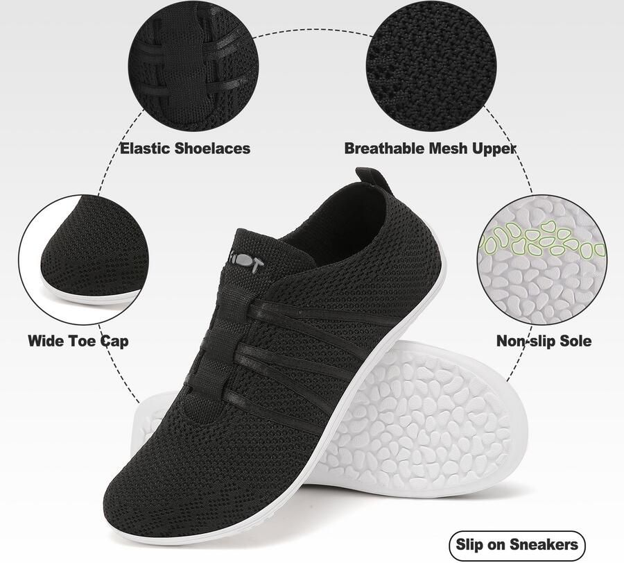 Geweo Barefoot Schoenen Instappers Gymschoenen Zaalschoenen Sportschoenen Sneaker Ademend Knit Mesh Platte Zool Zwart