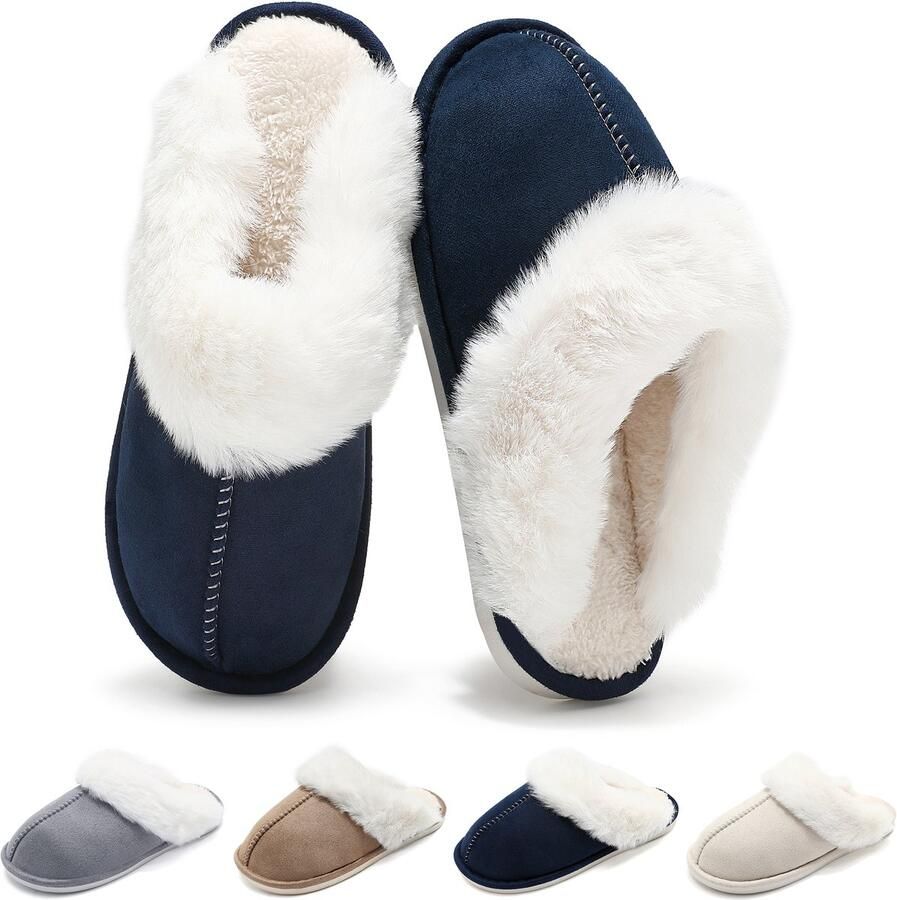 Geweo Pantoffels Sloffen Kastanje Antislip- Blauw -met Fleece & Geheugen Schoenzool