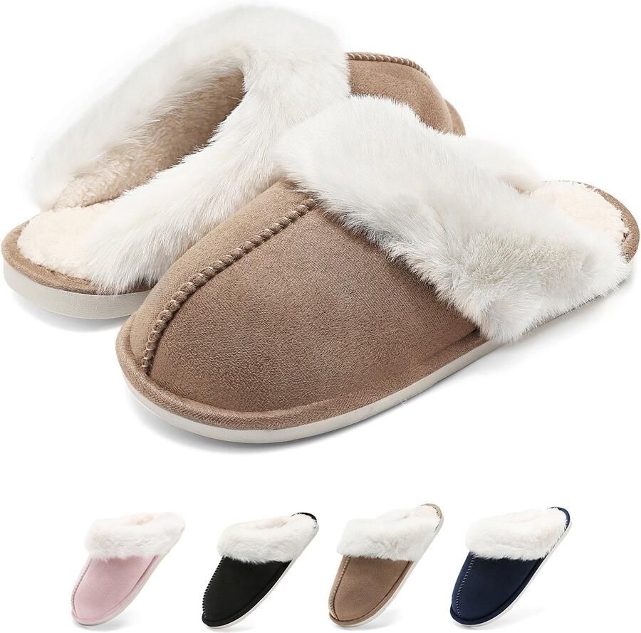 Geweo Pantoffels Sloffen Kastanje Antislip- Bruin -met Fleece & Geheugen Schoenzool