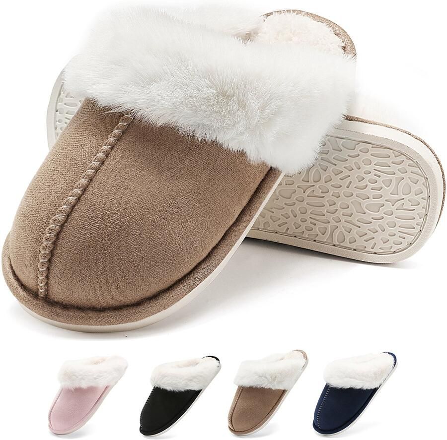 Geweo Pantoffels Sloffen Kastanje Antislip- Bruin -met Fleece & Geheugen Schoenzool