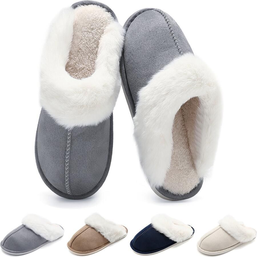 Geweo Pantoffels Sloffen Kastanje Antislip- Grijs -met Fleece & Geheugen Schoenzool