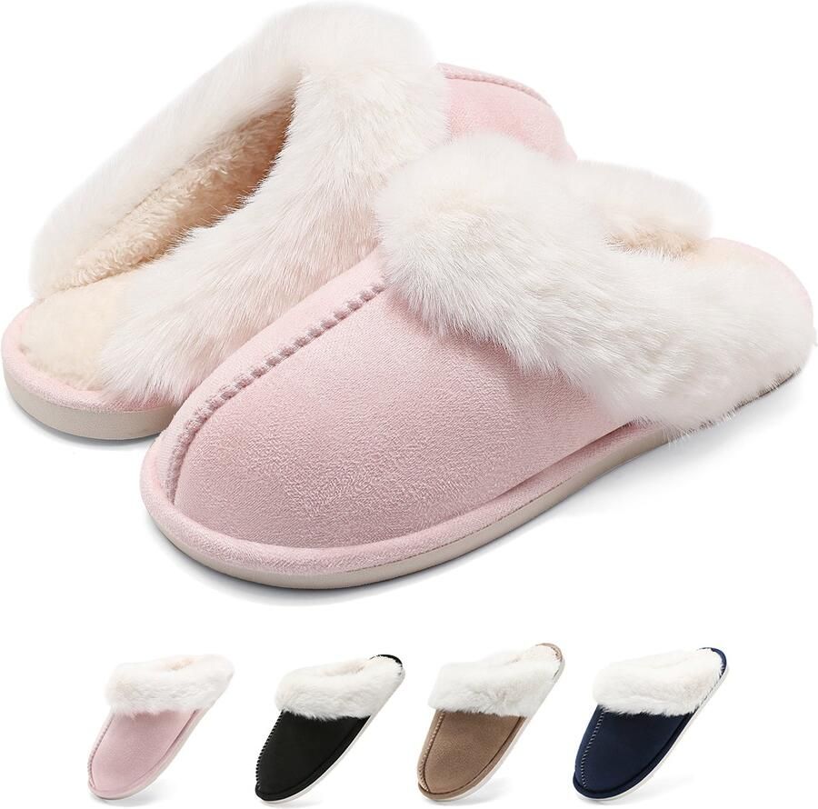 Geweo Pantoffels Sloffen Kastanje Antislip- Roze -met Fleece & Geheugen Schoenzool