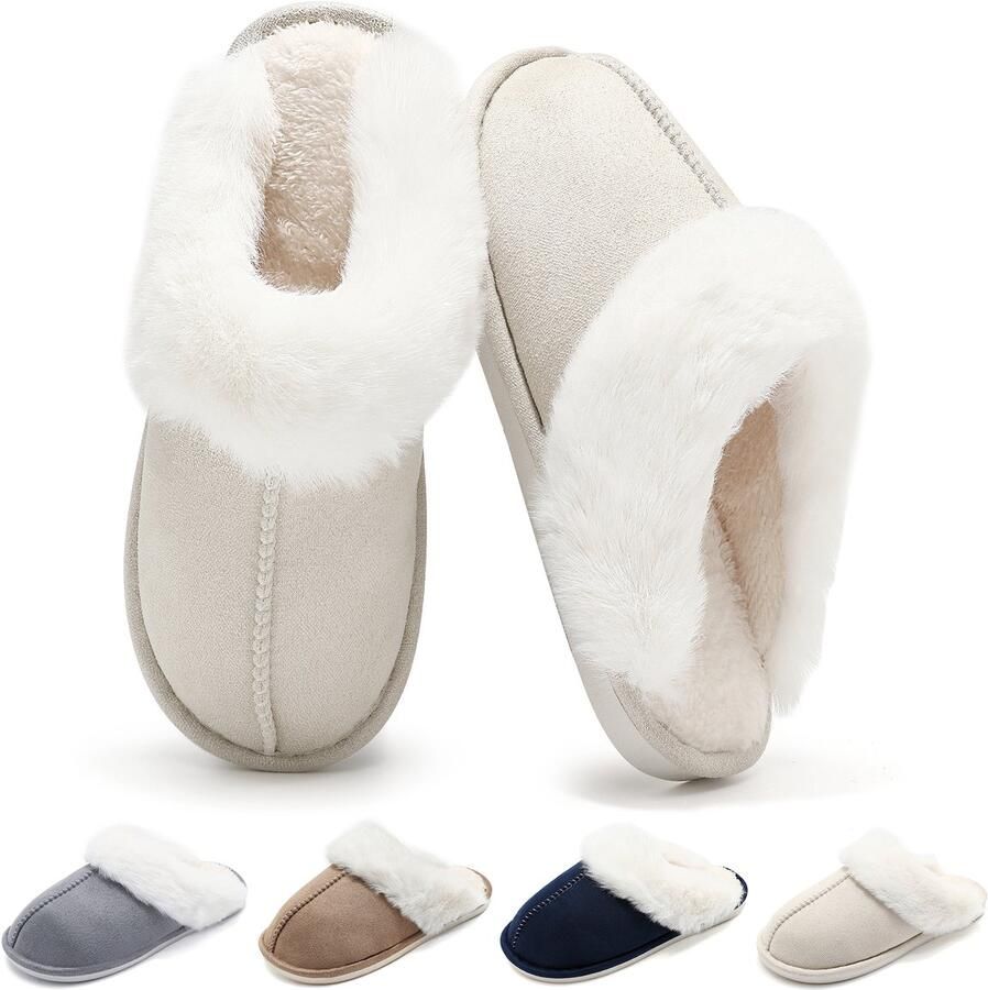 Geweo Pantoffels Sloffen Kastanje Antislip- Wit -met Fleece & Geheugen Schoenzool