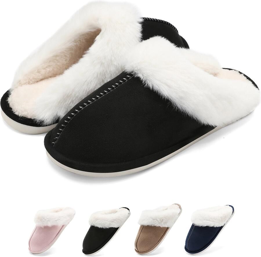 Geweo Pantoffels Sloffen Kastanje Antislip- Zwart -met Fleece & Geheugen Schoenzool