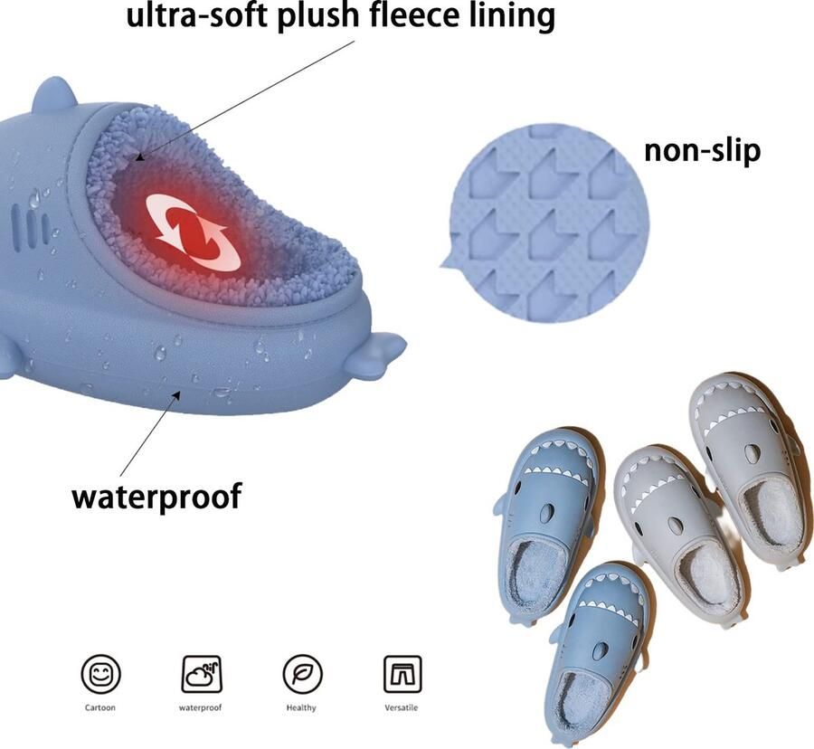Geweo Home Sloffen Haai Pantoffels Kerstmis Kerstfeest Christmas Gift Antislip Pluche Warme Fleece Open Sloffen Comfortabel Traagschuim Blauw - Foto 5