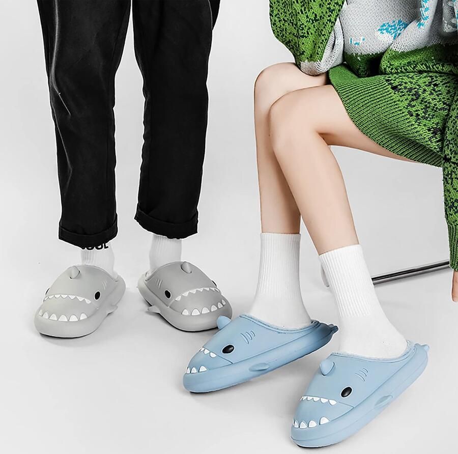 Geweo Home Sloffen Haai Pantoffels Kerstmis Kerstfeest Christmas Gift Antislip Pluche Warme Fleece Open Sloffen Comfortabel Traagschuim Blauw - Foto 3