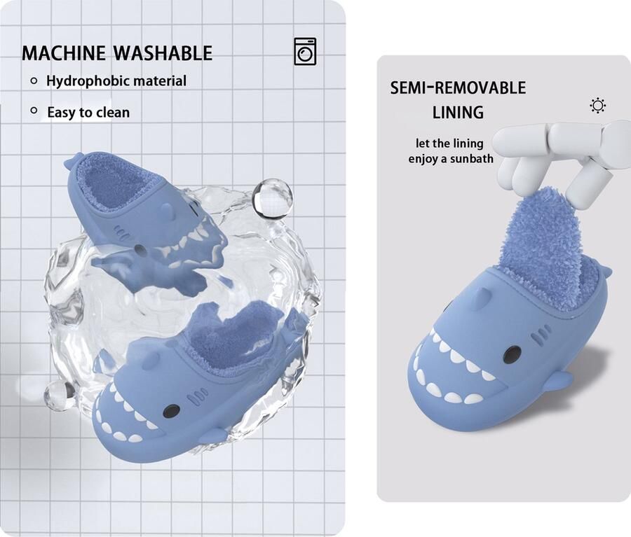Geweo Home Sloffen Haai Pantoffels Kerstmis Kerstfeest Christmas Gift Antislip Pluche Warme Fleece Open Sloffen Comfortabel Traagschuim Blauw - Foto 7