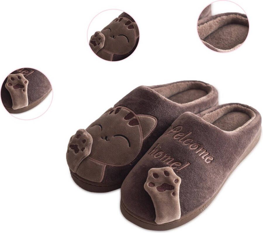 Geweo Home Sloffen Pantoffels Open Sloffen Koraal Fleece Pantoffels Antislip Leuk Katje Kerstmis Kerstfeest Christmas Gift Bruin - Foto 5