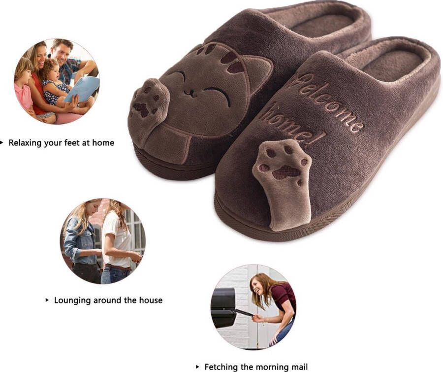 Geweo Home Sloffen Pantoffels Open Sloffen Koraal Fleece Pantoffels Antislip Leuk Katje Kerstmis Kerstfeest Christmas Gift Bruin - Foto 6
