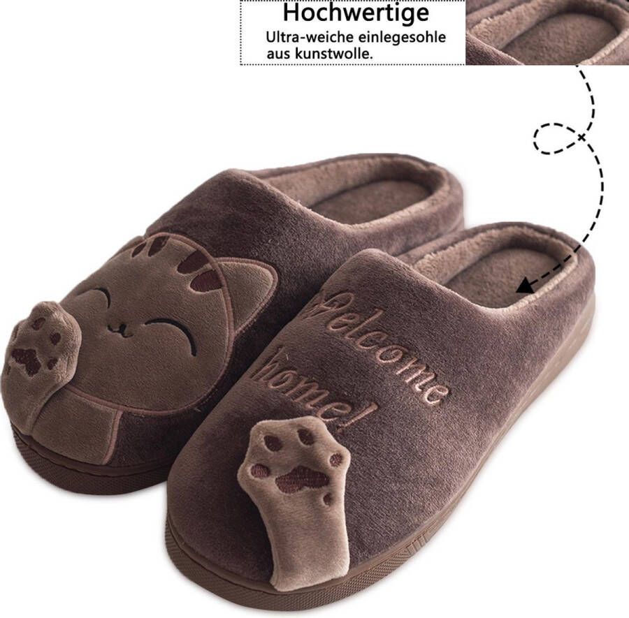 Geweo Home Sloffen Pantoffels Open Sloffen Koraal Fleece Pantoffels Antislip Leuk Katje Kerstmis Kerstfeest Christmas Gift Bruin - Foto 3