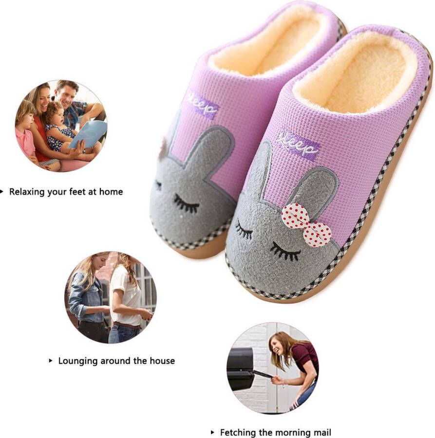 Geweo Home Sloffen Pantoffels Open Sloffen Paashaas Instap Sloffen Wollen Pantoffels Antislip Kerstmis Kerstfeest Christmas Gift Dames Purper - Foto 3