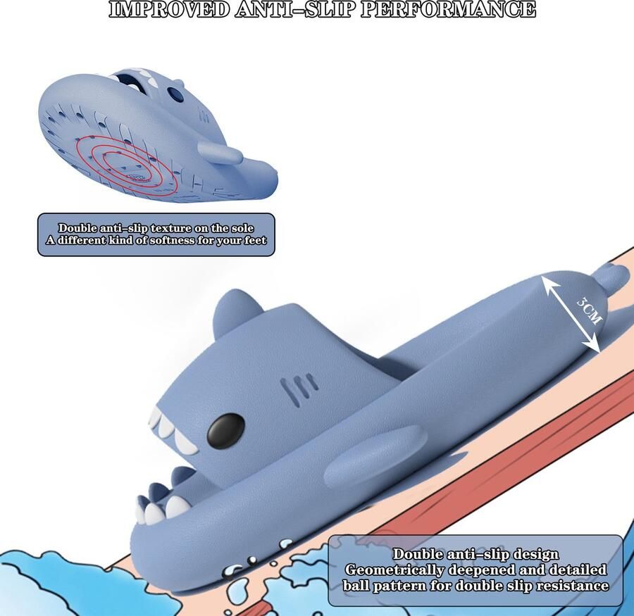 Geweo Shark Slides Haai Slippers Badslippers Kerstmis Kerstfeest Christmas Gift Pantoffels Douchepantoffels Haaienpantoffels Zomer Antislip Platform Kussen Glijbanen Slippers Blauw - Foto 6