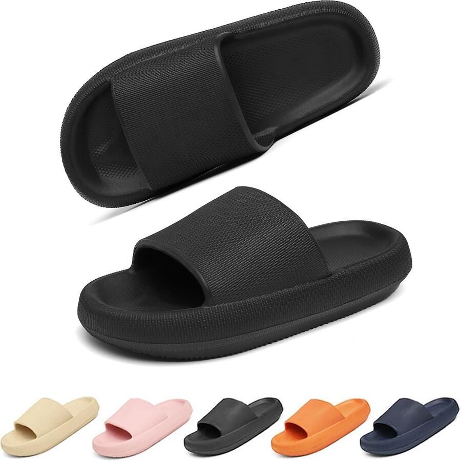 Geweo Slippers EVA Badslippers Unisex Anti-Slip en Stevig Voetbed Anti-lawaai Zwart
