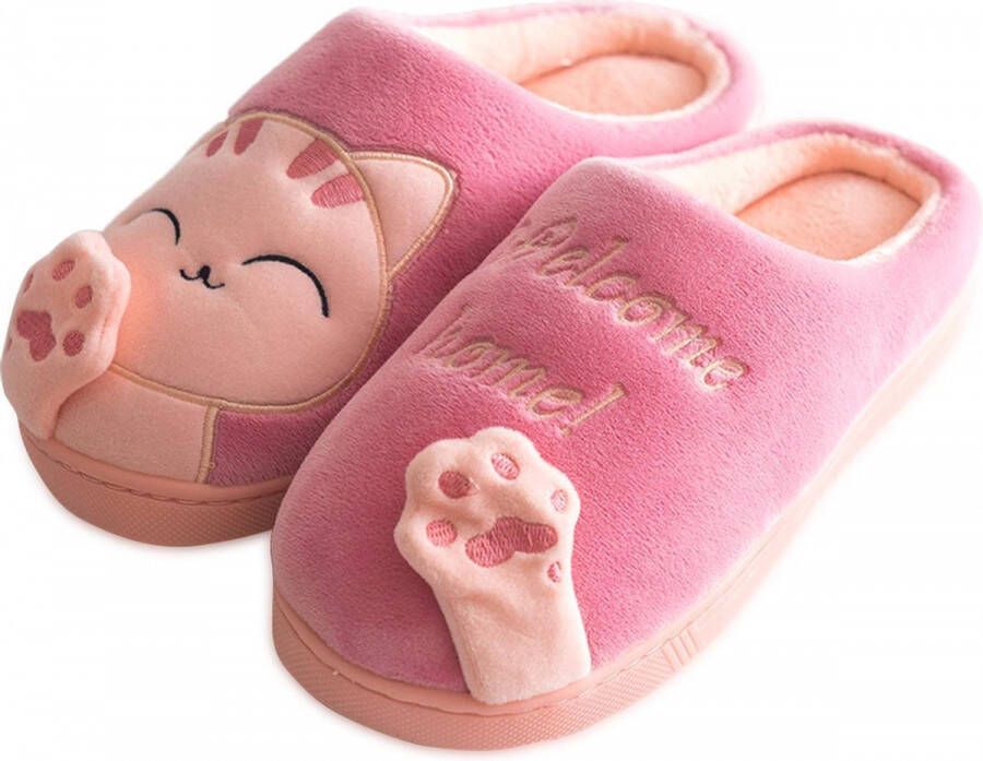 Geweo Home Sloffen Pantoffels Open Sloffen Koraal Fleece Pantoffels Dames Antislip Leuk Katje Kerstmis Kerstfeest Christmas Gift Roze