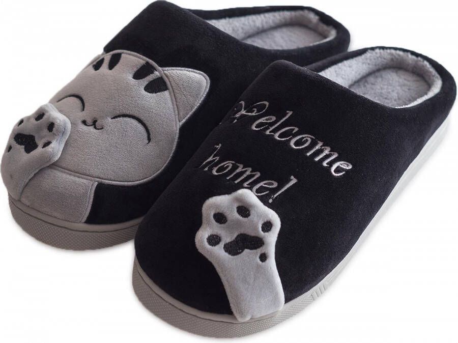 Geweo Home Sloffen Open Sloffen Koraal Fleece Pantoffels Dames Leuk Katje Zwart