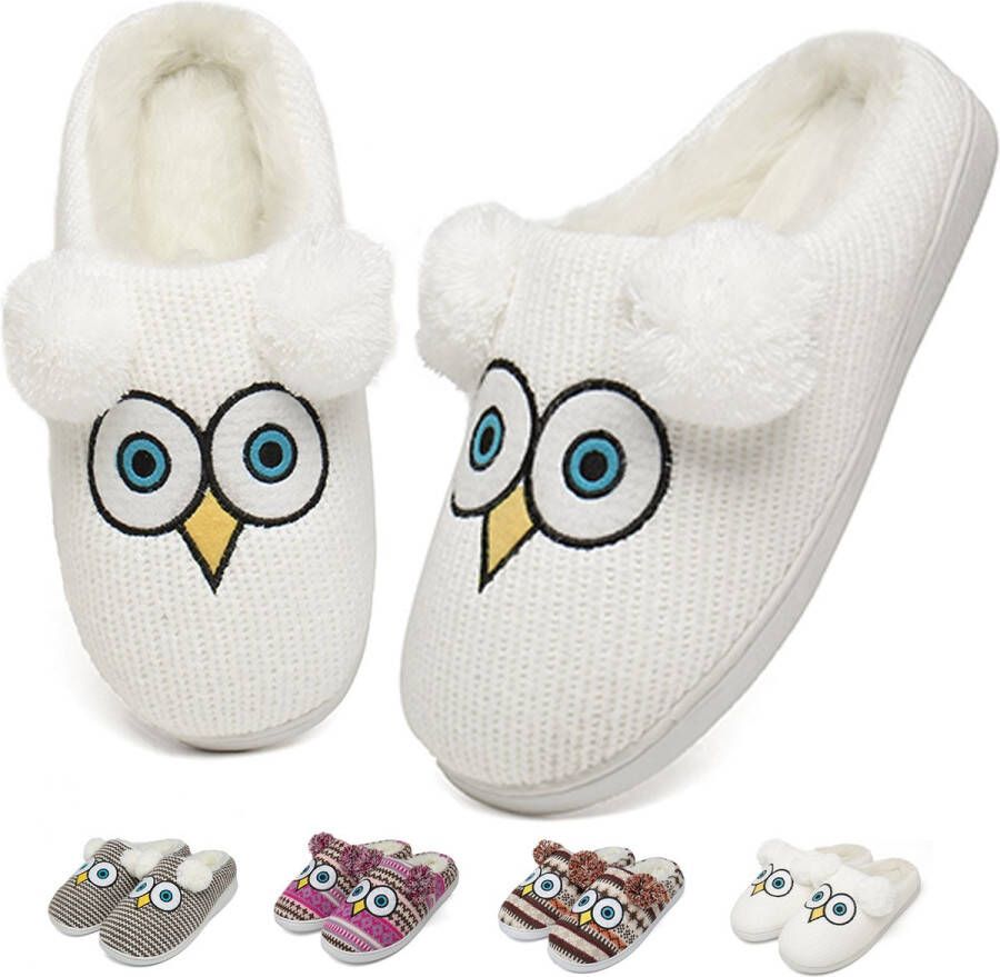 Geweo Home Sloffen Open Sloffen Dichte Sloffen Uil Antislip Pluche Warme Fleece Pantoffels Unisex Kerstmis Kerstfeest Christmas Gift Wit - Foto 2