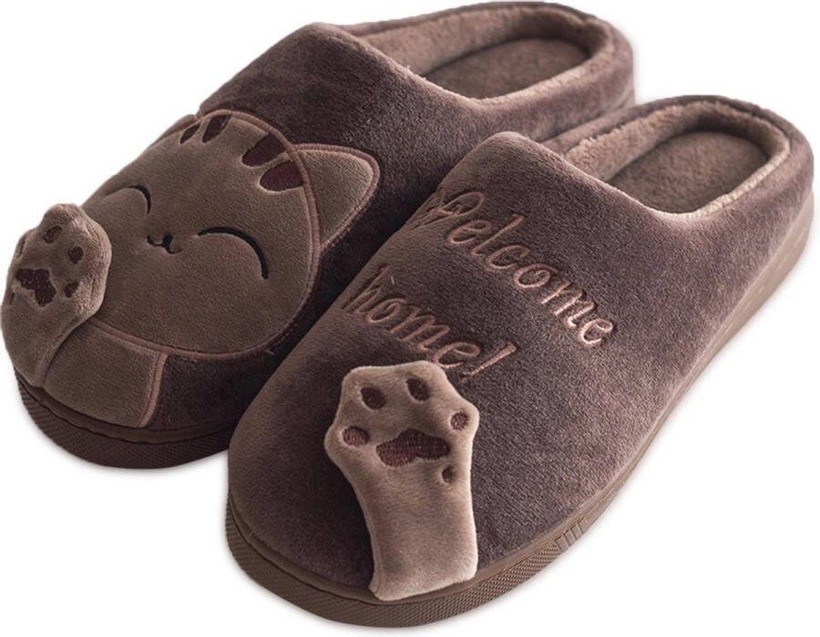 Geweo Home Sloffen Pantoffels Open Sloffen Koraal Fleece Pantoffels Antislip Leuk Katje Kerstmis Kerstfeest Christmas Gift Bruin - Foto 7