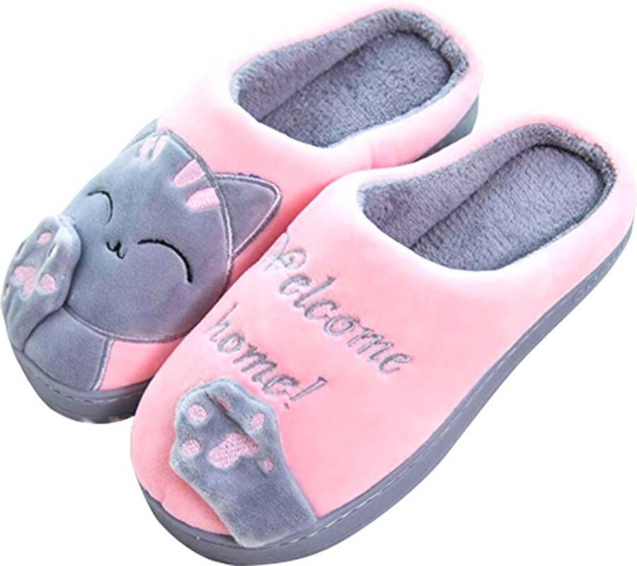 Geweo Home Sloffen Pantoffels Open Sloffen Koraal Fleece Pantoffels Dames Antislip Leuk Katje Kerstmis Kerstfeest Christmas Gift Zwart - Foto 1