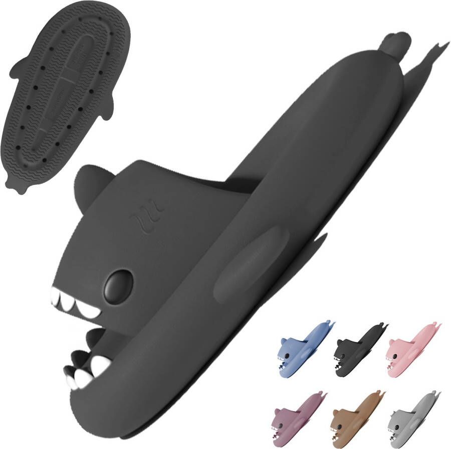 Geweo Shark Slides Haai Slippers Badslippers Kerstmis Kerstfeest Christmas Gift Pantoffels Douchepantoffels Haaienpantoffels Zomer Antislip Platform Kussen Glijbanen Slippers Donker Grijs