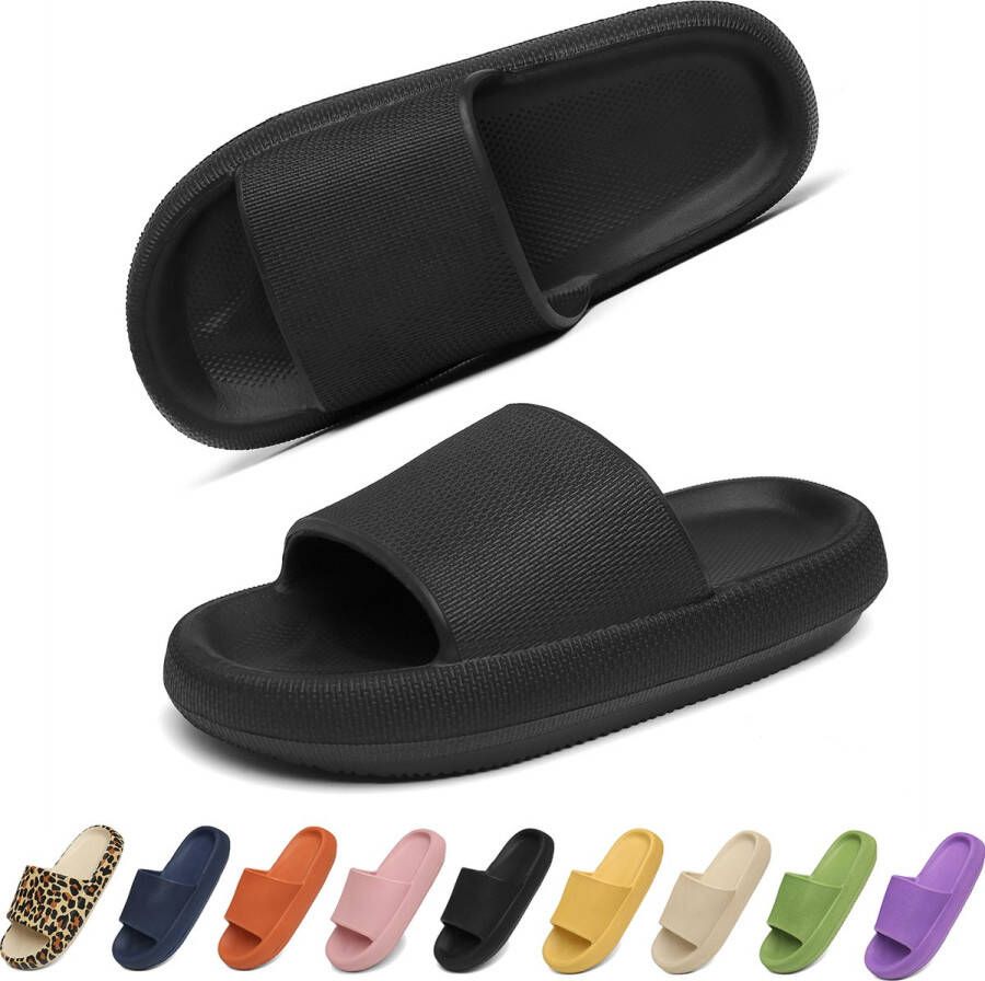 Geweo Slippers EVA Badslippers Unisex Verdikte Lichtgewicht Super Zacht aan je Voeten Anti-Slip en Stevig Voetbed Anti-lawaai Zwart