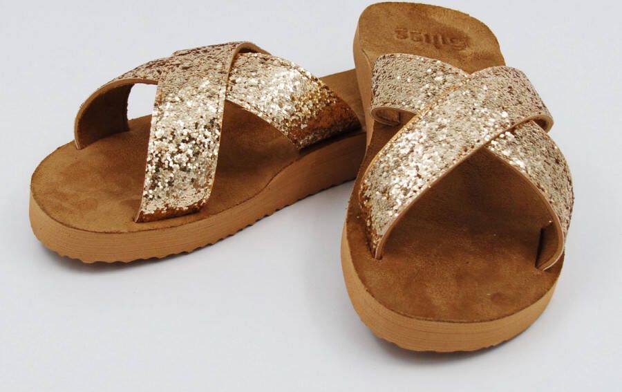 Giliss Fashion Giliss Slippers Slides dames FLOW SEPIA Goud metaal glans strap