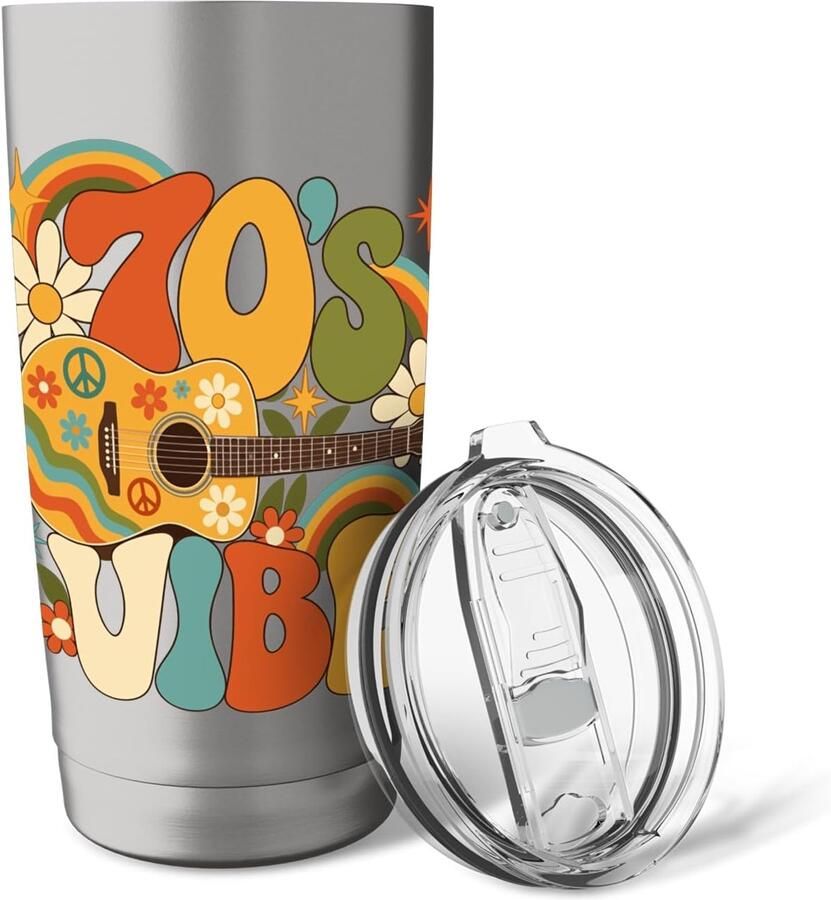 Gitaar thermobeker met bloemen en vredesteken