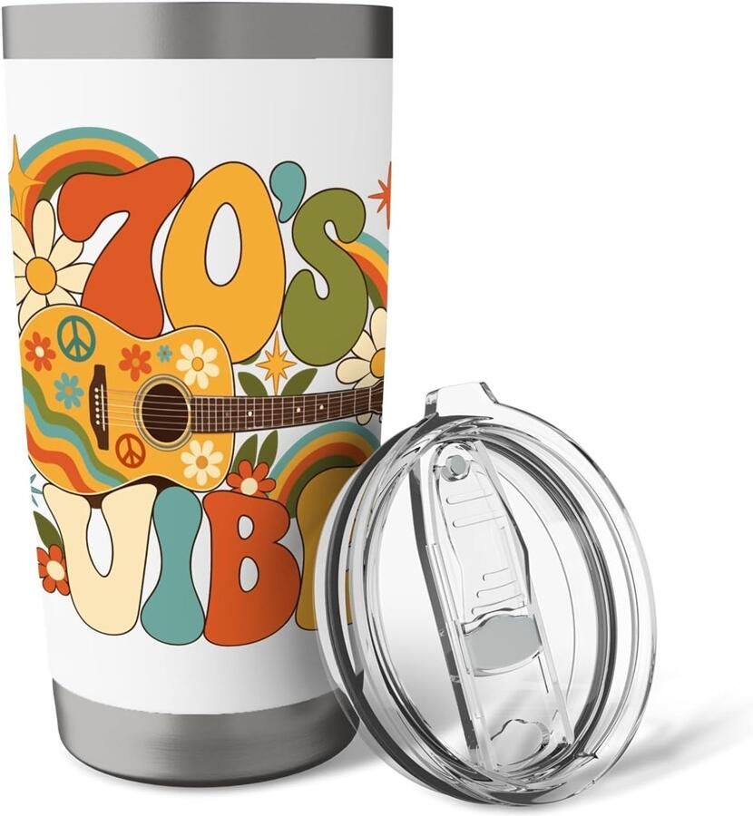 Gitaar thermobeker met bloemen en vredesteken