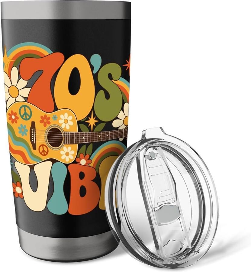 Gitaar thermobeker met bloemen en vredesteken