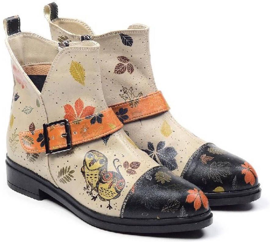 GOBY Autumn Owls Dames Enkellaarsjes Handgemaakt Vegan Leer