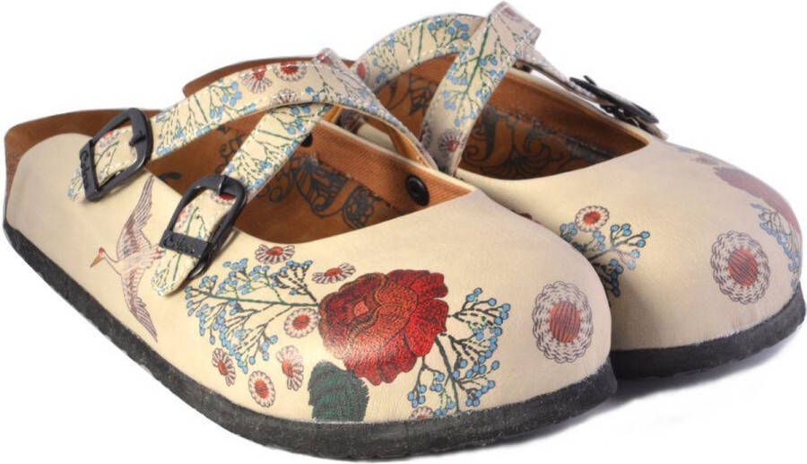 GOBY Vintage Clogs Dames Vegan Leer Handmade Bloemen en Vogelprint