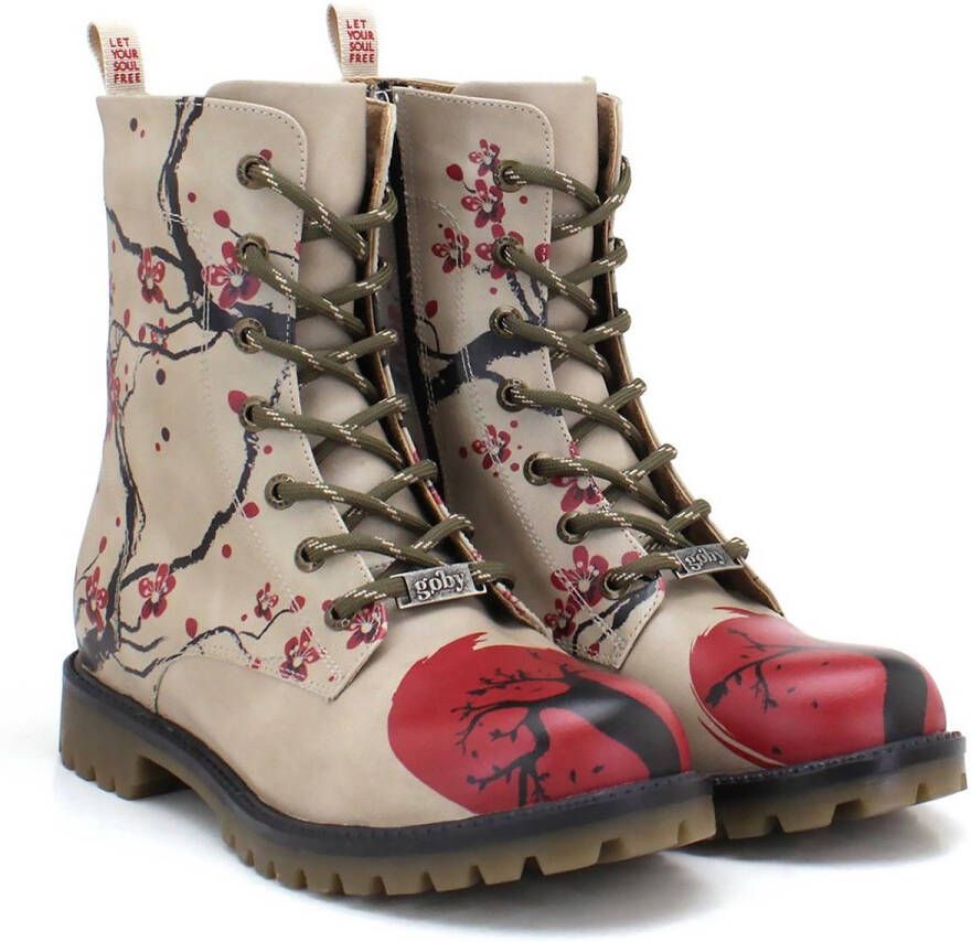 GOBY Cherry Blossom Dames Veterboots Handgemaakt Vegan Leer