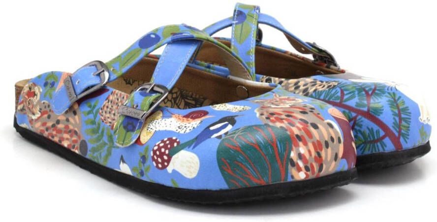GOBY Clogs Blauw met Dierenprint Handgemaakt Vegan Leer Comfortabele Damesklompen