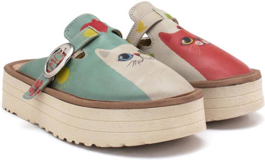 GOBY Colorful Cats Dames Clogs Handgemaakt Kattenprint Plateauzool
