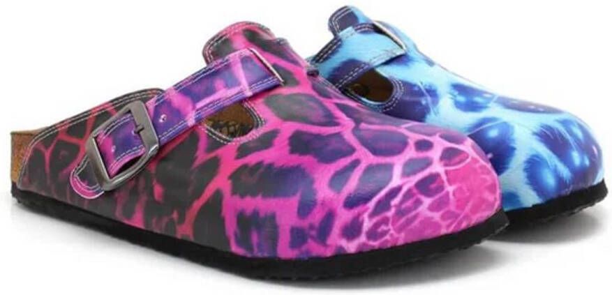 GOBY Dames Clogs Paars en Blauw Luipaardprint Handgemaakt Vegan Leer Comfortabele Kurken Zool