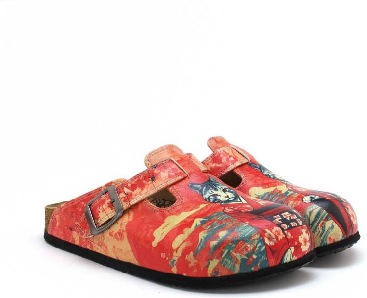 GOBY Dames Clogs Rood Kattenprint Handgemaakte Instappers Vegan Leer Ergonomisch Voetbed