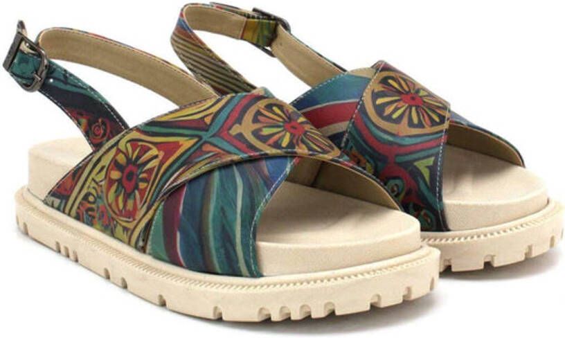 GOBY Dames Sandalen Handgemaakt Vegan Leer Geometrisch Bloemenpatroon