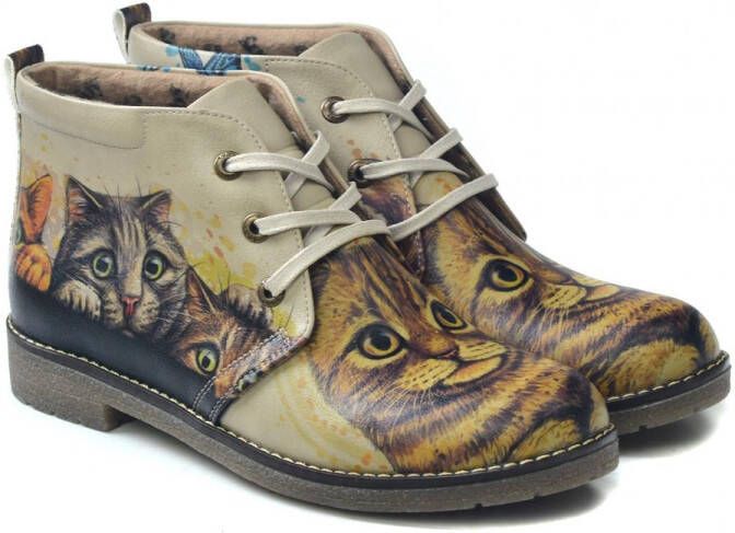 GOBY Feline Friends Dames Enkellaarzen Vegan Leer Handgemaakt Katten Design