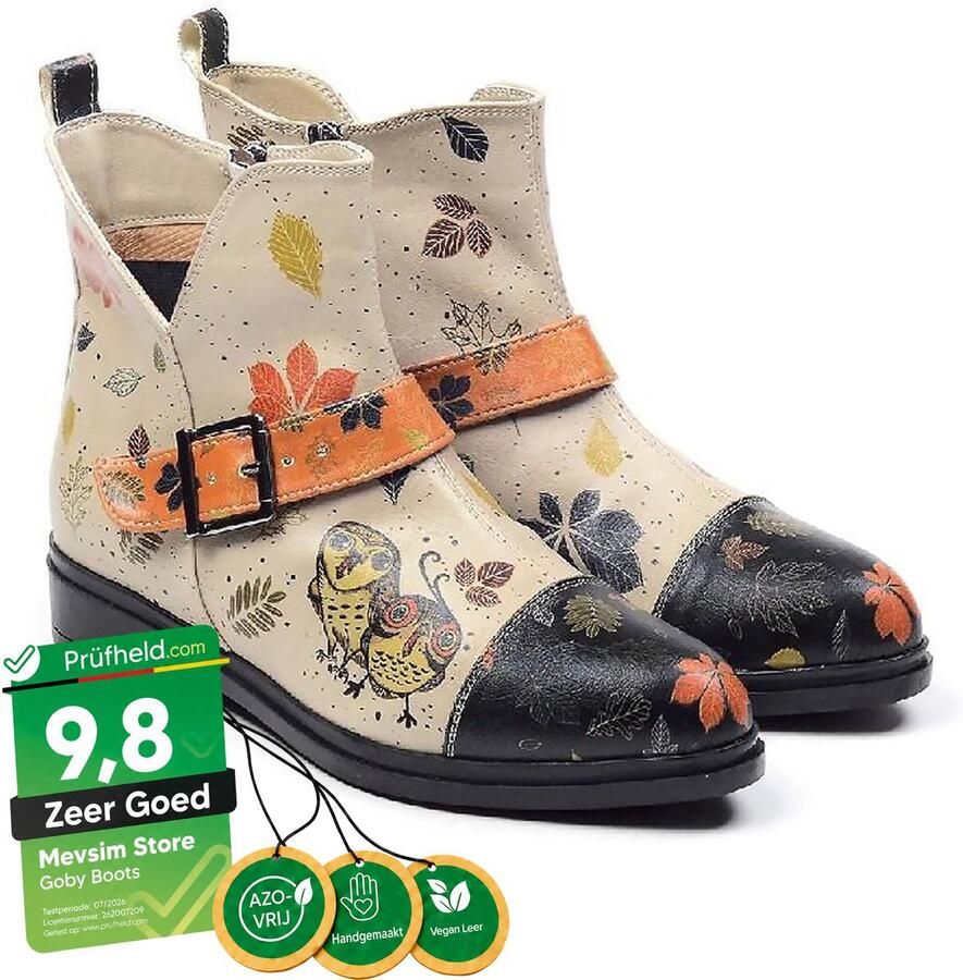 GOBY Autumn Owls Dames Enkellaarsjes Handgemaakt Vegan Leer - Foto 2