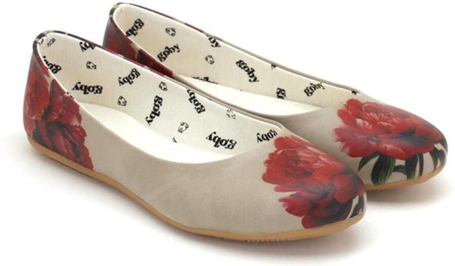 GOBY Ballerinas Dames Schoenen Beige met Rode Bloem